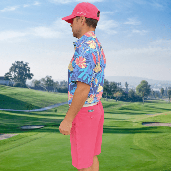 Yellow and Orange Tropical Flowers and Light Purple Palm Leaves on Dark Background Golf Shirt - Hreski 233 - Image 6