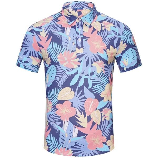 Yellow and Orange Tropical Flowers and Light Purple Palm Leaves on Dark Background Golf Shirt - Hreski 233