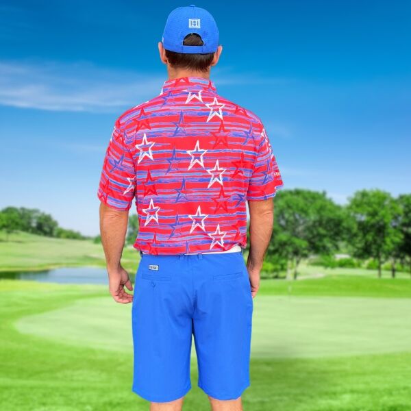 Red, Blue and White Stars over Blue Brushstrokes on Red Background Golf Shirt - Hreski 204 - Image 7