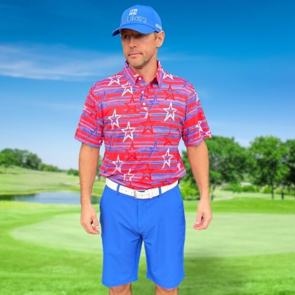Red, Blue and White Stars over Blue Brushstrokes on Red Background Golf Shirt - Hreski 204 - Image 3