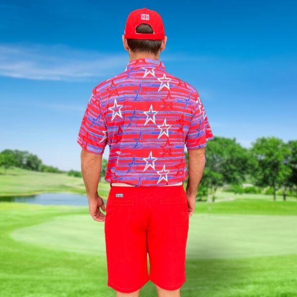 Red, Blue and White Stars over Blue Brushstrokes on Red Background Golf Shirt - Hreski 204 - Image 6