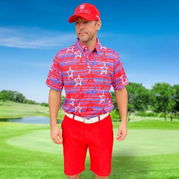 Red, Blue and White Stars over Blue Brushstrokes on Red Background Golf Shirt - Hreski 204 - Image 2