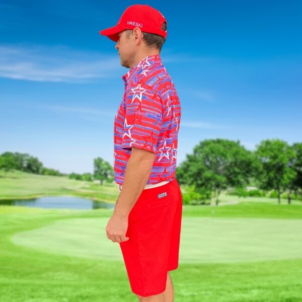 Red, Blue and White Stars over Blue Brushstrokes on Red Background Golf Shirt - Hreski 204 - Image 4